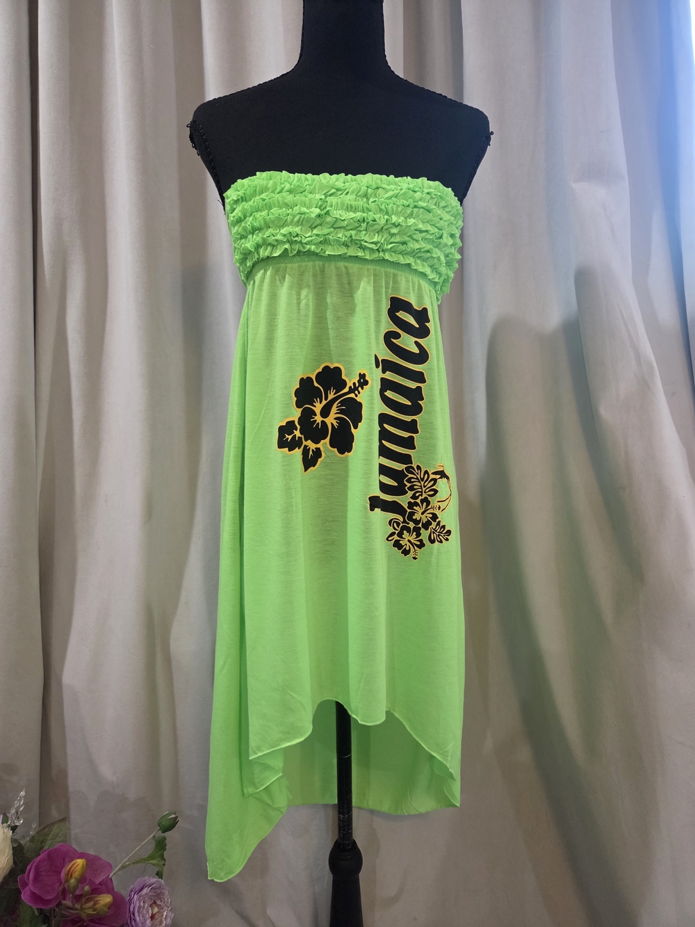 Neon Green Strapless Jamaica Print Tube Dress